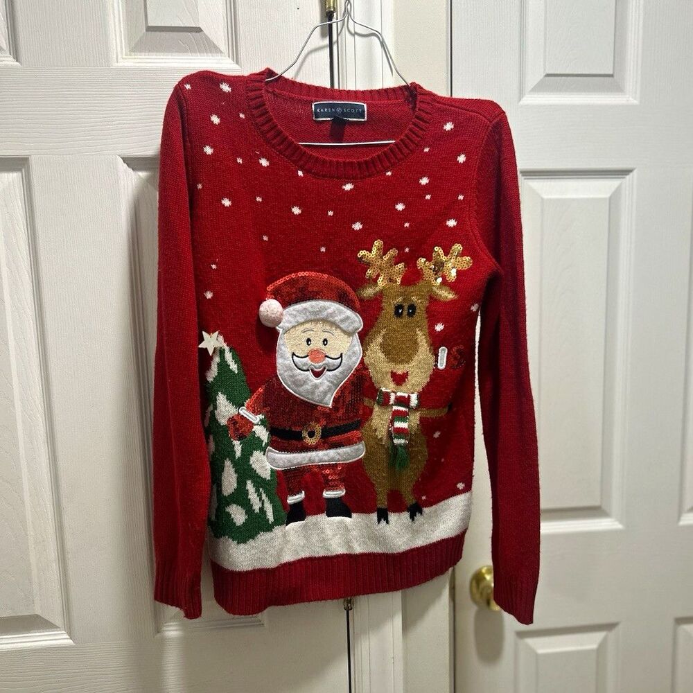 Karen Scott Women Red Fair Isle Santa Reindeer Sequin Pullover Sweater Sz S